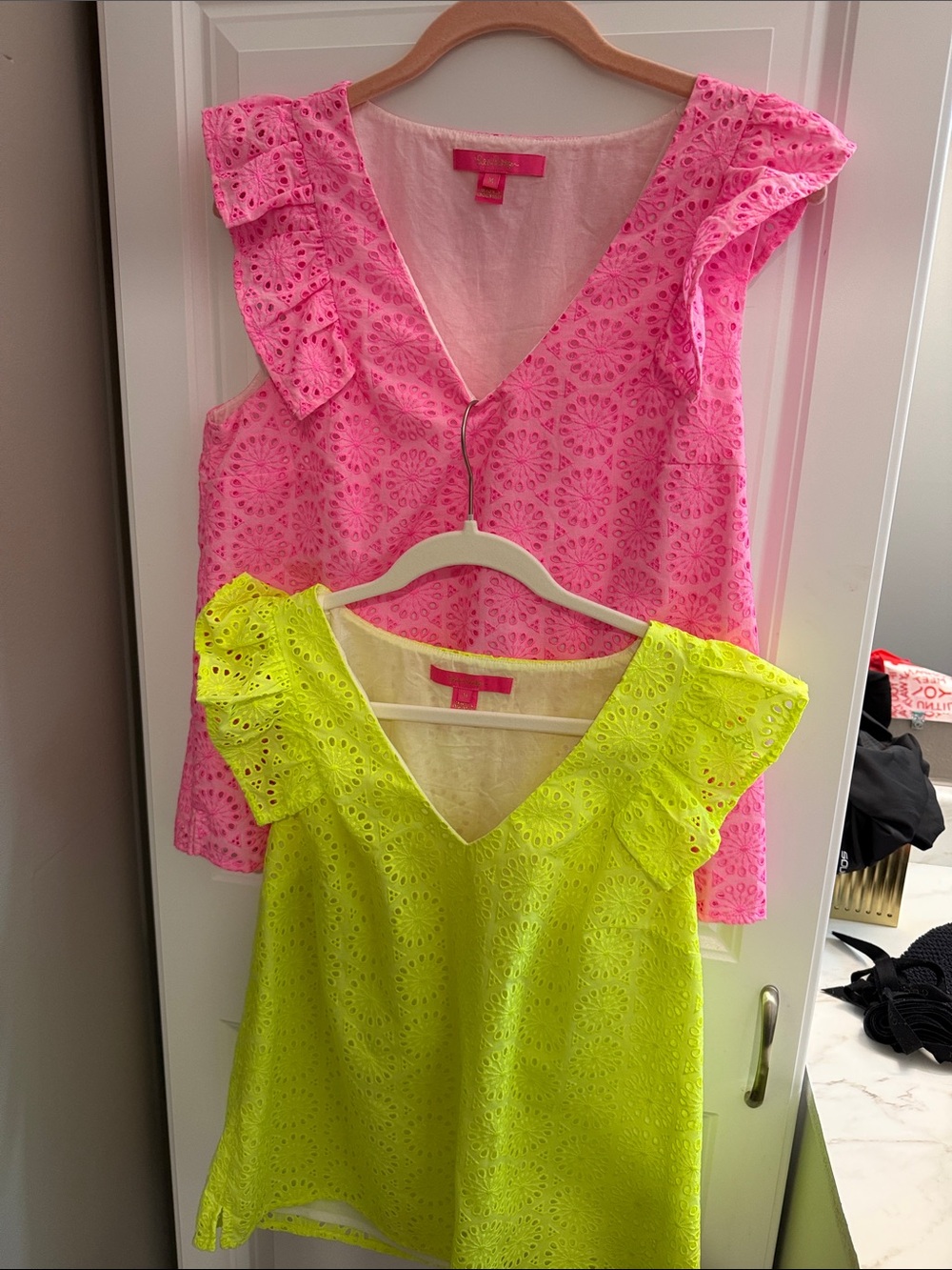 Lilly Pulitzer Pink & Neon Yellow Eyelet Ruffle V-Neck Camisoles